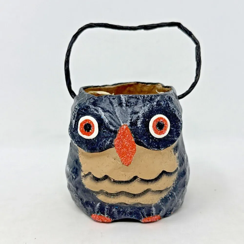 Pottery Barn Kids Paper Mache Owl & Skull Mini Candy Holder Halloween 3x3 Retro